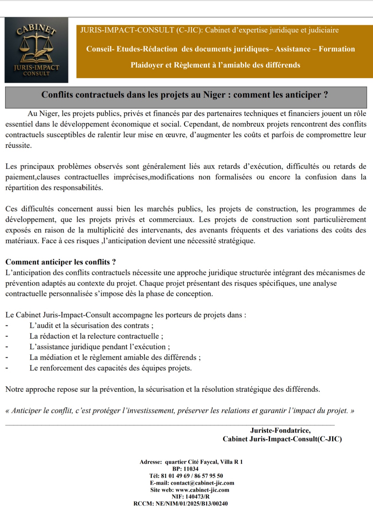 Conflits contractuels dans les projets au Niger : comment les anticiper ?